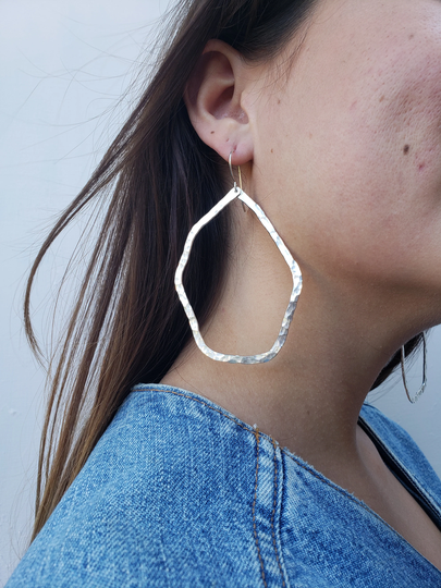 Chunky Organic Shape Sterling Silver Earrings, Large Assymetrical Statement Bold Hammered High Fashion Earrings
