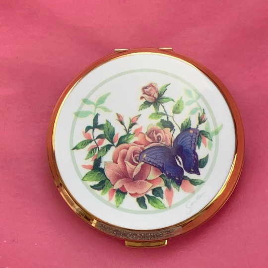 Vintage Stratton Powder Compact | Unused in Original Box With Pouch/Sifter & Puff Butterfly & Roses 1960's