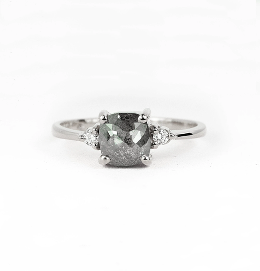 Cushion Cut Diamond Ring-Rose Engagement Ring-Salt & Pepper Ring-Dainty Ring-White Gold Ring