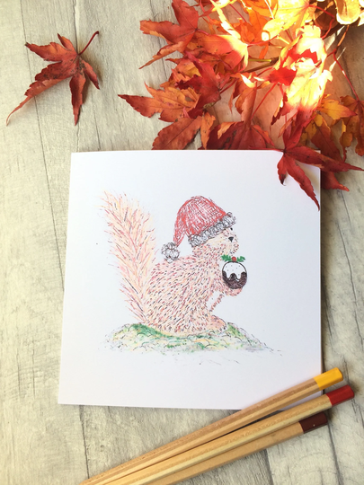 Hand Drawn Squirrel Chrismas-Seasonal Card -Blank Inside