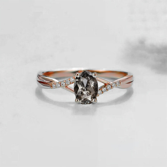 Oval Salt & Pepper Diamond Engagement Ring | Galaxy Featured Dainty 9K/14K/18K Solid Rose Gold Split Shank For Her