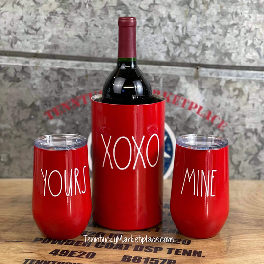 Rae Dunn Inspired Love Wine Chiller/Glasses Set, Custom Powder Coated, Double Wall Stainless Steel, No Stickers Xoxo Yours & Mine