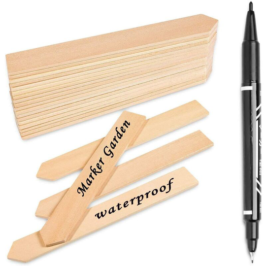Readcly - 50Pcs Wooden Plant Tags with Marker Pen, Pointed Plant Sign Waterproof Eco-Friendly Garden Markers for Seeds Herbs Flowers Vegetables (15 x