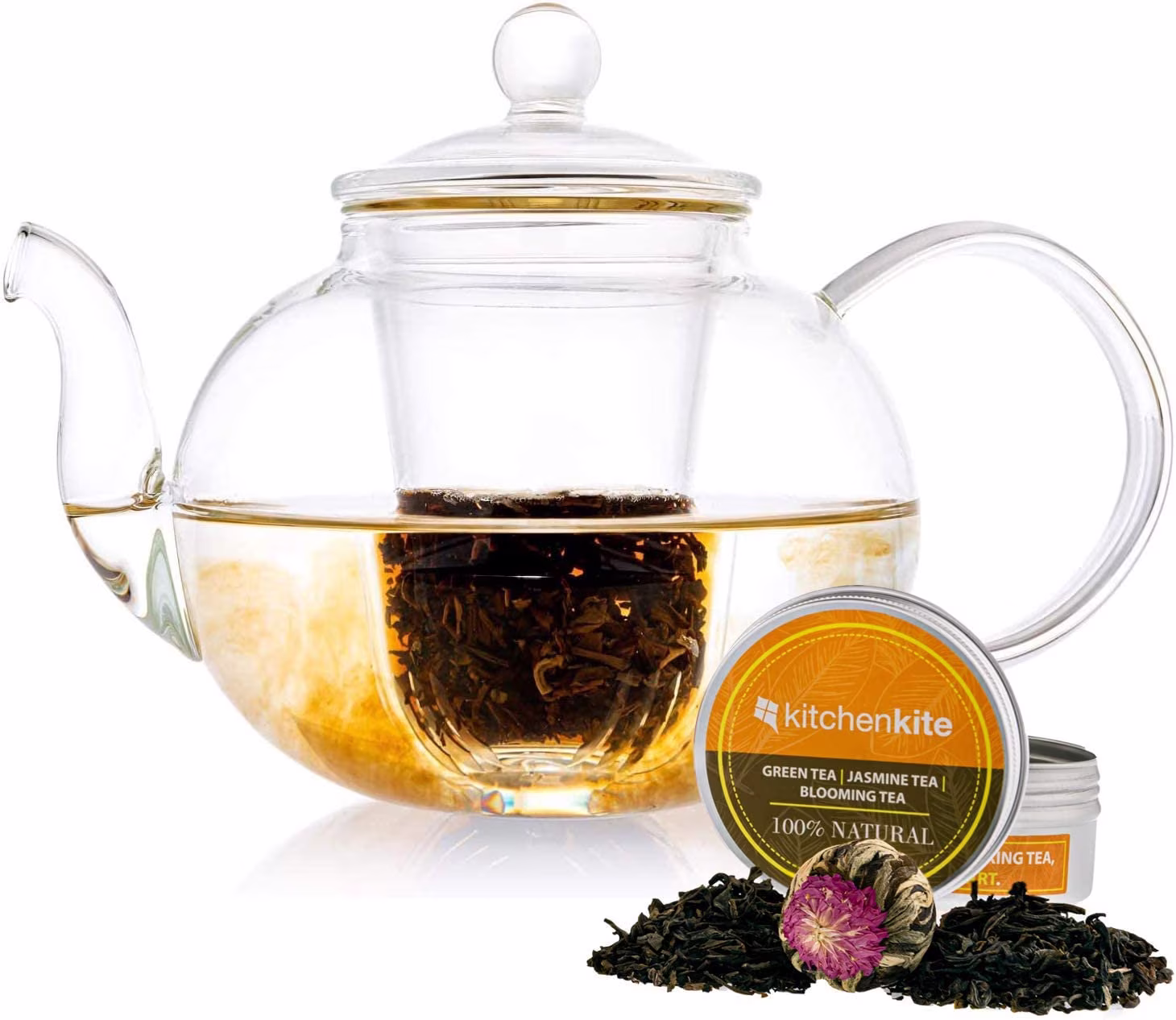 Kitchen Kite Glass Teapot With Infuser Lid Gift Set - Stovetop, Microwave & Dishwasher Safe Tea Pot Sampler