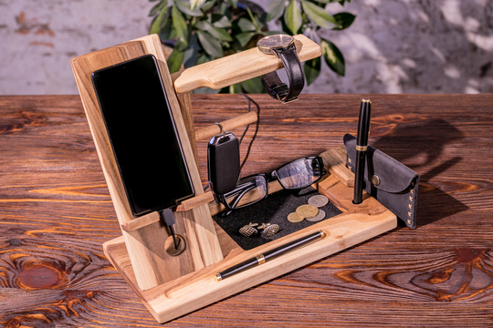 Organizer Gifts Him Men Brother Stand Charging Wood Dock Glasses Dark Organize Man Iphone Table Idea For Dad Desk Personalized Custom
