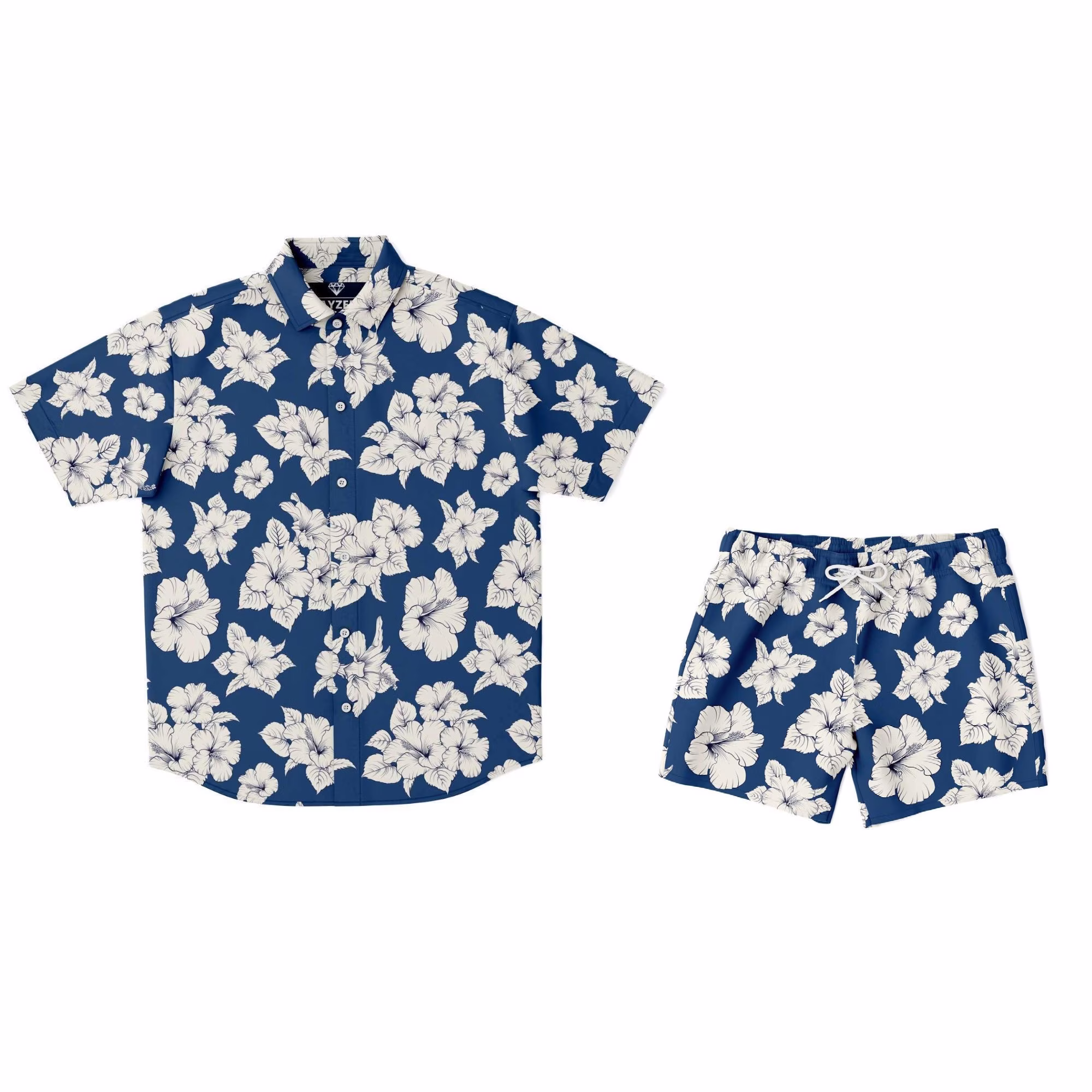 White Hibiscus Flowers Print Floral Tropical Shirt Matching & Shorts Set, Beach Hawaiian Sets, Two Piece Set