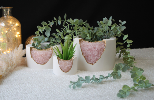 Rose Quartz Crystal Planters Gold Trim, Pretty Plant Pot, Geode Planter, Birthstone Gift, Amethyst Succulent Pot