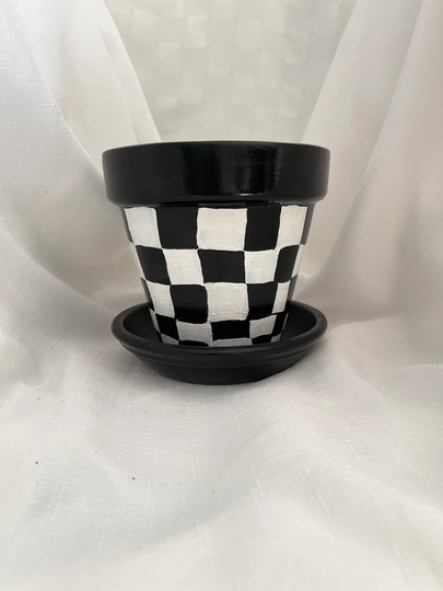 Black & White Checkered Hand Painted Flower Pot/Plant Lover/Flower Pots/Housewarming/Planter/Gardener Delight