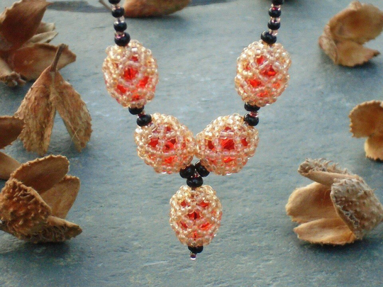 Glowing Embers Pendant Necklace, Seed Bead & Crystal Glass Necklace in Czech Beads Red Beads, UK Seller