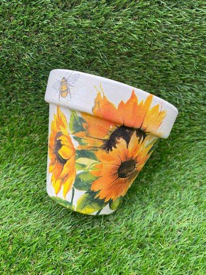 Sunflower & Bee Plant Pot, Decoupaged With Love 15cm Sunflowers, Sunflower Gift