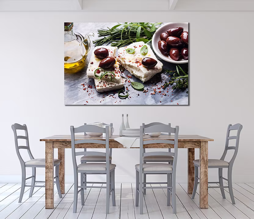 Feta Cheese With Olives & Green Herbs On Gray Marble Background Perfect Kitchen/Restaurant, Home Decor Wall Canvas Art Gift For New