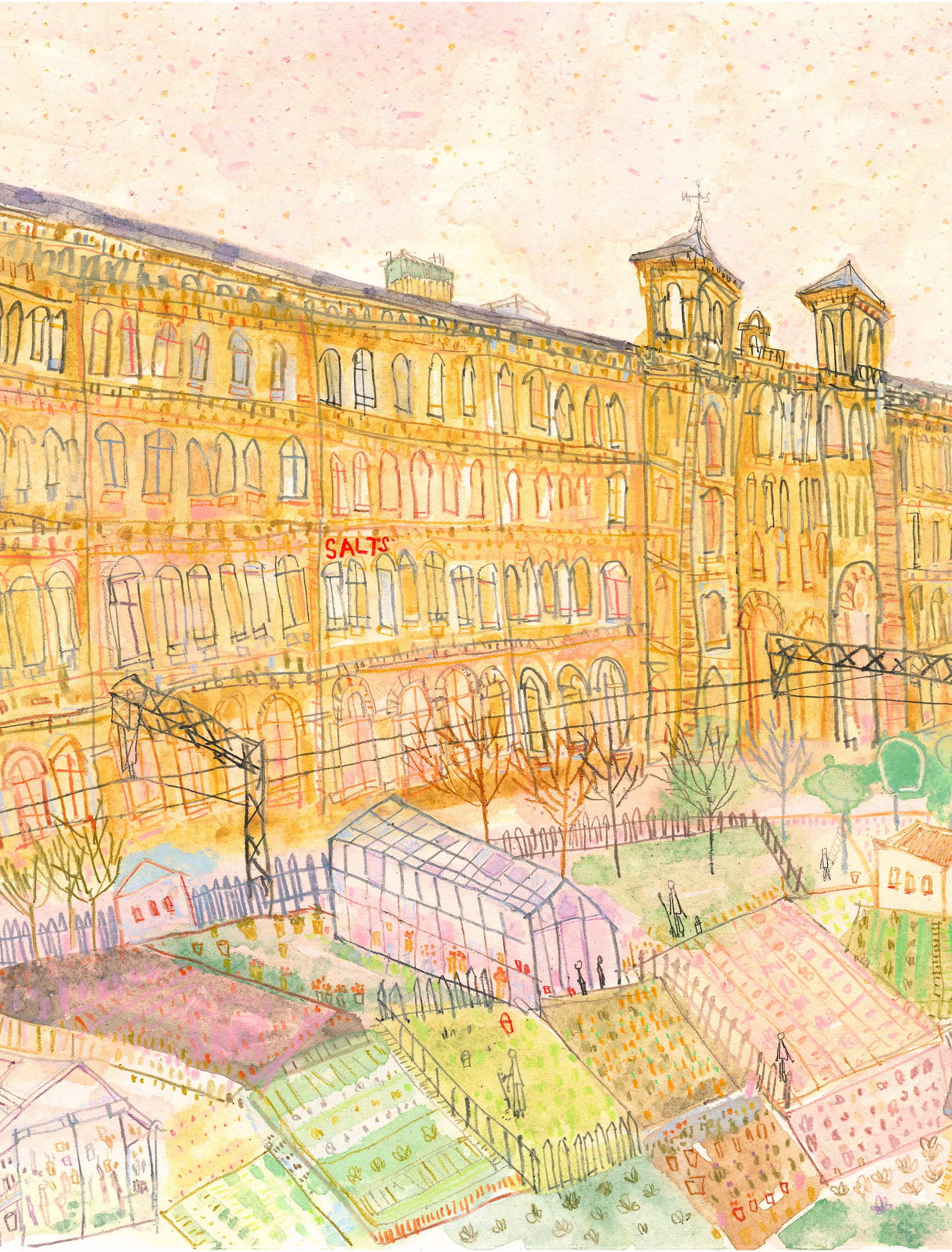 Salts Mill Print, The Mill Saltaire, Yorkshire Art, Saltaire Drawing, Building Sketch, 11x14 Print, Bradford Mill, Clare Caulfield Painting