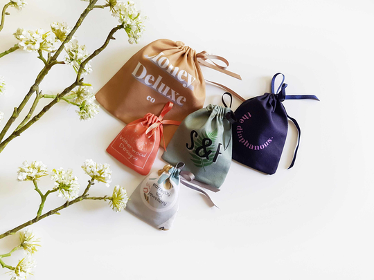 All-Over Digital Printed Cotton Pouches With Grosgrain Ribbon. Sustainable & Eco-Friendly Made Oeko-Tex Certified Fabric