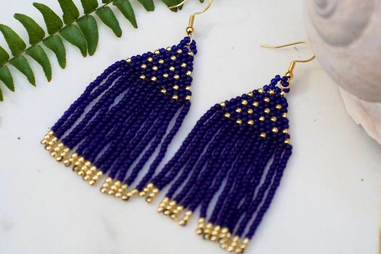Chandelier, Fringe, Seed Bead Earrings in Transparent Cobalt Blue & Gold Trim