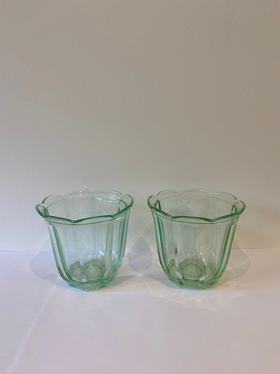 Pair Of Vintage Uranium Green Glass Plant Pot Holders Vaseline Pretty Scalloped Edge Glasses