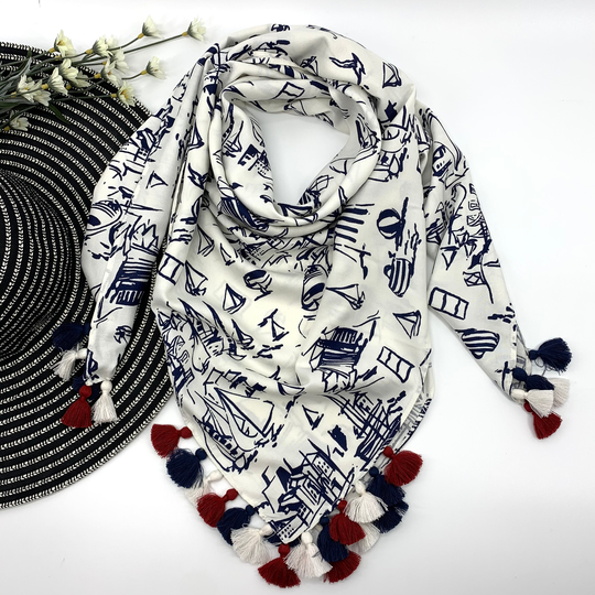 Cotton Square Scarves, All Season Printed Sailboats, Head Wrap, Neck Scarf, Bandana, Gift For Her; 36