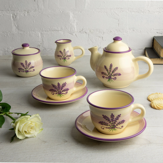 Ceramic Tea Set, Handmade Teapot Set For Two, Teapot, Milk Jug, Sugar Bowl, 2 Teacups & Saucers, Lavender Floral Pottery