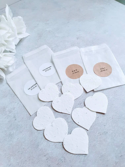 Personalised Plantable Seed Paper Hearts in Glassine Bag. Eco Friendly Wedding. Wildflowers
