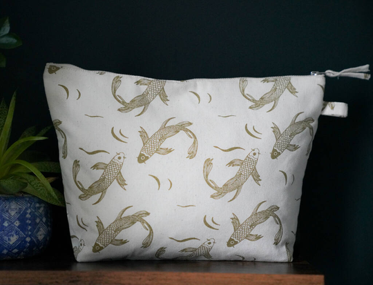 Sakana Fish Print Recycled Cotton Wash Bag In Herb