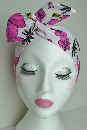 1950S Rockabilly Pin Up Girl & Pink Hibiscus Tropical Flower Floral Print Wire Cotton Headband