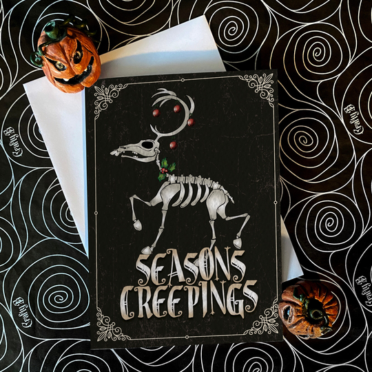 Seasons Creepings - Skeleton Reindeer Alternative Dark Gothic Christmas Card, Available Single Or in Packs. Goth Card. Scrooge