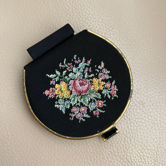Vintage Powder Compact Combination Lipstick Holder German Petit Pointe Embroidered 1940S 1950S Black Silk