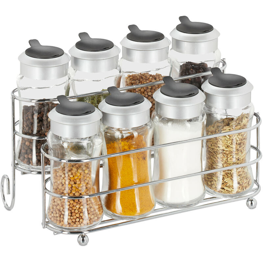 Spice Rack with 8 Jars, Adjustable Shaker Insert, 100 ml, Metal Stand, hwd: 16 x 22.5 x 12.5 cm, Transparent - Relaxdays