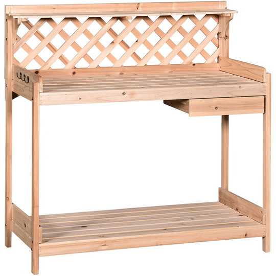 Outdoor Wood Potting Table Garden Plant w/ Drawer, Hook, Slatted Shelf - Natural Wood Color - Outsunny
