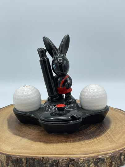 Vintage 1950S H. J.wood Ceramic Bunny Rabbit Golf Player Salt & Pepper Set | Golfers Gift Hand Painted Burslem Staffordshire Earthenware