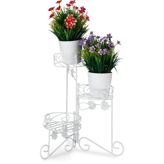 Metal Plant Stand, 3 Tiers, Folding, Decorative Flower Etagere, Vintage, In- & Outdoor Use, h: 40 cm, White - Relaxdays