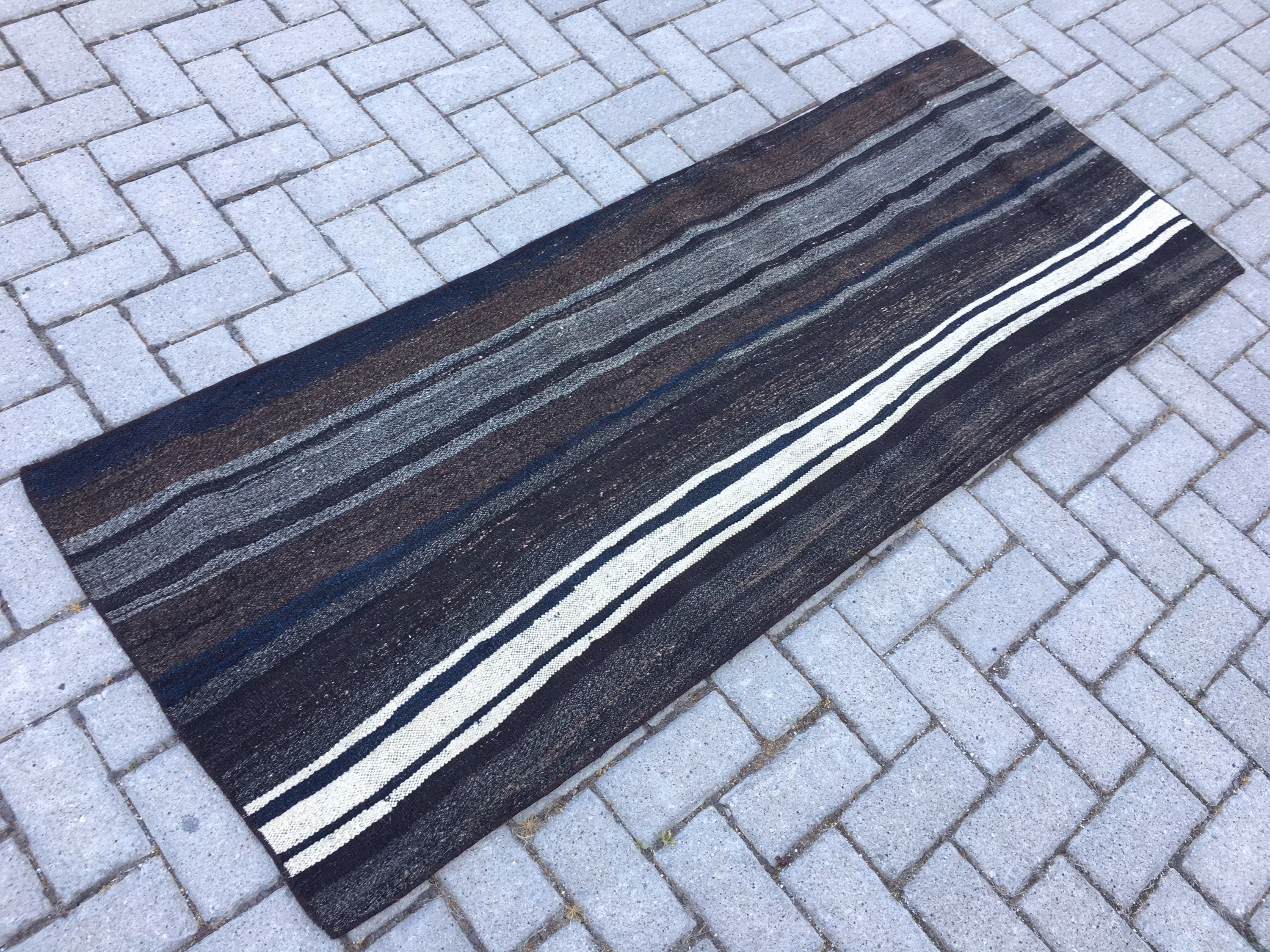 Organic | Goat Hair Short Runner Rug , Mid Century Modern Handmade Striped 2x6