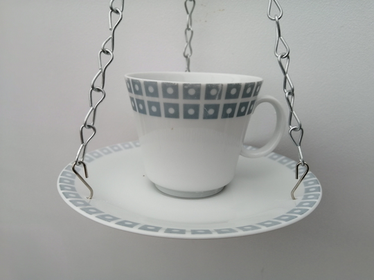 Lovely Retro Bavaria Schirnding Ceramic Indoor/Outdoor Hanging Basket/Planter in Olive Green Tones. Made From Vintage Teacup & Saucer