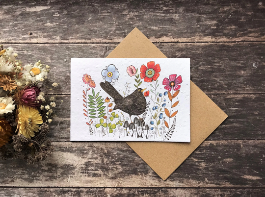 Plantable Seed Paper Birthday Card, Blank Inside, Black Bird Greeting Card, Happy Woodland Animals