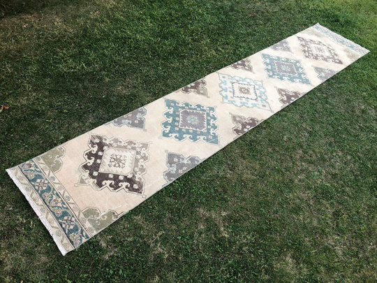 3x13 Oushak Runner, Extra Long Rug, Vintage Runner Cream Turkish Hallway Teal, Rustic Rug Entryway 2'6