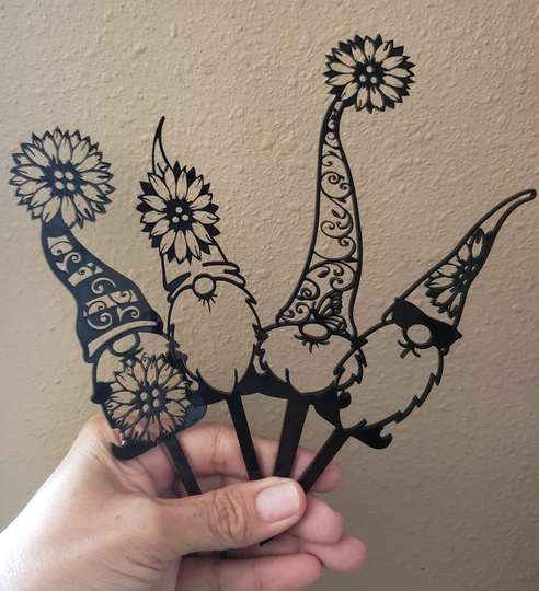 Sunflower Plant Stakes Gnomes Set Of 4 - Cute Black Acrylic Laser Cut Gnomes, Garden Gnome, Décor
