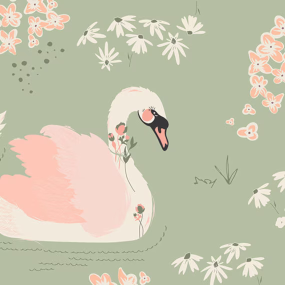 Dabbling Swans Sage Fabric, 100% Organic Cotton Hello Ollie By Bonnie Christine, Art Gallery Sold The 1/2 Yard