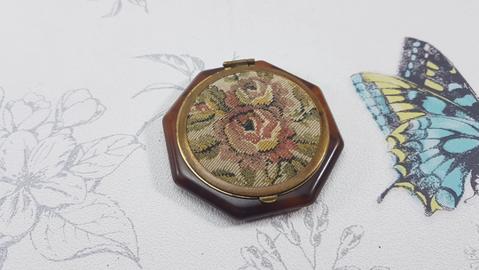 Art Deco Powder & Rouge Compact, Vintage Celluloid Petit Point Compact Mirrored With Mirror Base