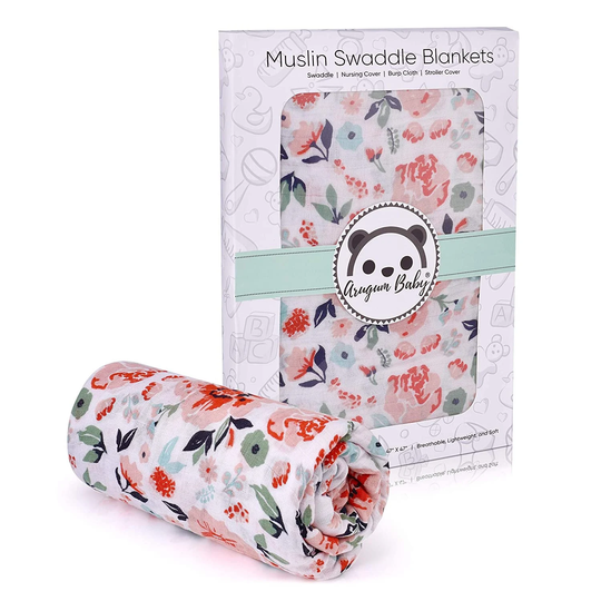Organic Muslin Swaddle Blanket Floral - Baby Receiving Wrap | Girl 47"x47