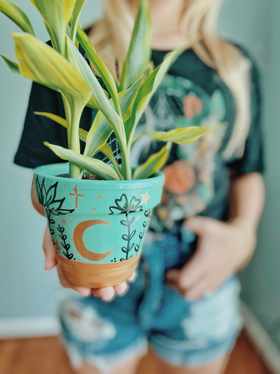 Moon Flower Painted Pot | Metallic Gold Crescent Moon Turquoise Floral Star Print Boho Planter Succulent Cactus Pot Hippie Decor