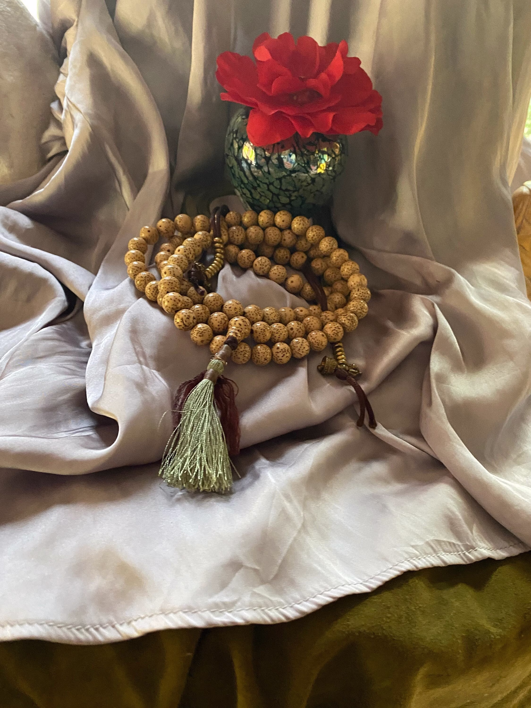 Tibetan Lotus Mala 108 Lotus Seed Beads 9.5 To 10 Mm Size Brass Bell Dorje Counters Vintage Bodhgaya, India