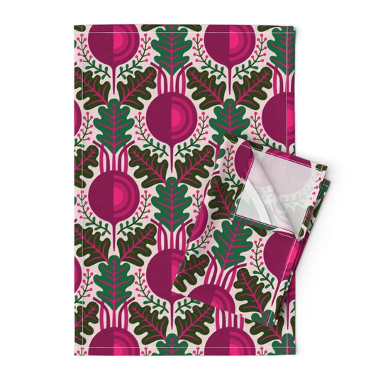 Beet Damask Tea Towels | Set Of 2 - Beetroot & Herb By Meliszawang Bold Fuchsia Vegetable Garden Linen Cotton Spoonflower