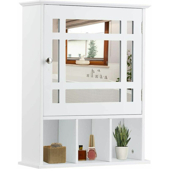 Bathroom Wall Storage Cabinet Wooden Hanging Medicine Organizer w/ Mirror White