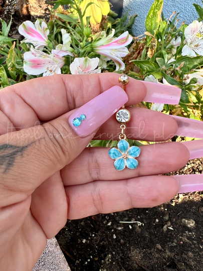 Bin #21 Gold Crystal Inspired Blue Hibiscus Flower Dangle Navel Belly Button Ring 316L