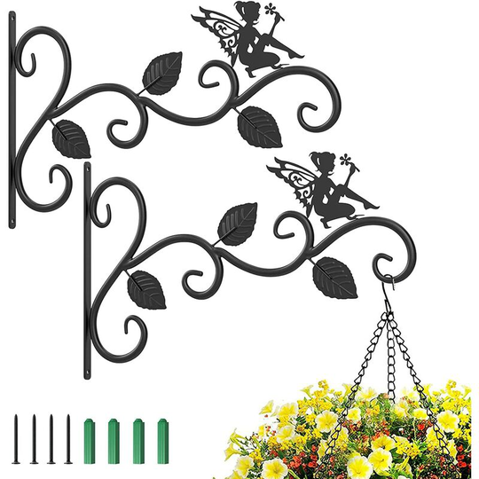 Perle Rare - Hanging Basket Holder, 2 Pack Fence Hooks for Hanging Baskets Wrought Iron Wall Plant Hanger Holder for Planter Bird Feeder Fence