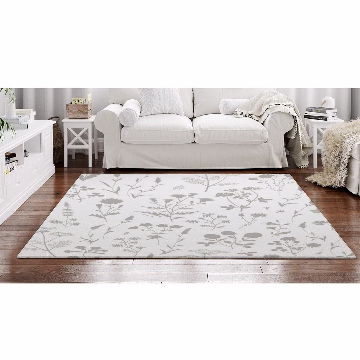 Grey Flowers On White Rug, Ditsy Floral Area Rugs, Powder & Light Gray Leaf Print Botanical Rugs
