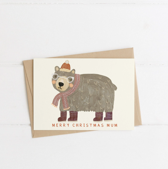 Mum Bear Christmas Card | Mom Mommy Mummy Mother Ma Xmas Merry Seasons Greeting Happy Holidays Eco-Friendly Recycled Hand Painted