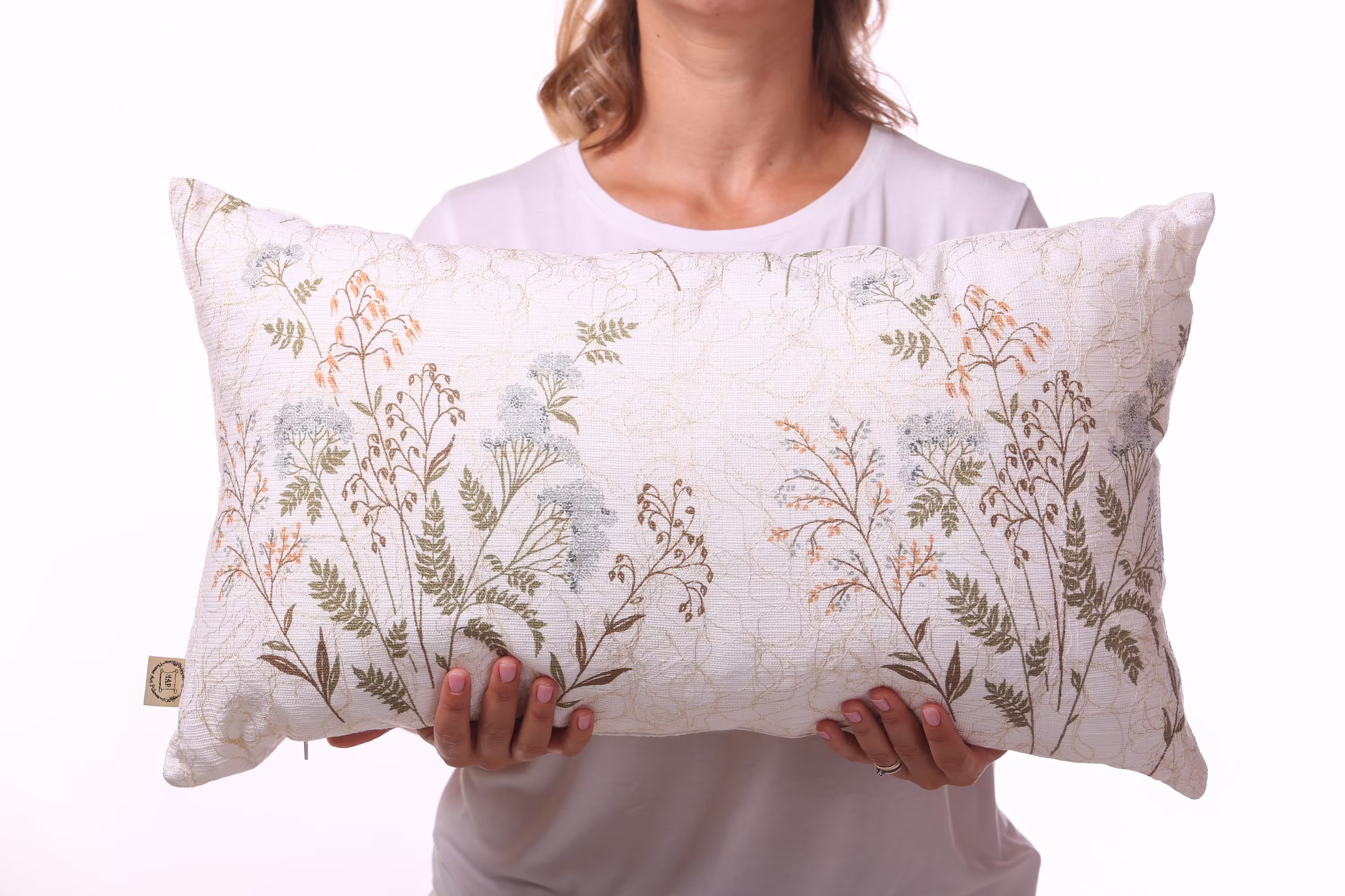 Lumbar Big Sofa Pilloq, Floral Hand Sewn Throw Cushion, Embroidered Herbs Bouquet Garden Decor Pillow, Living Room Couch Cushion