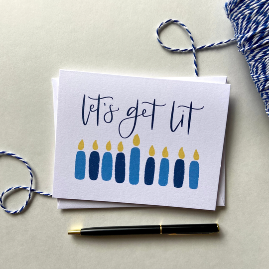Let's Get Lit Hanukkah Card | Funny Menorah Happy Set Holiday Hand Lettered