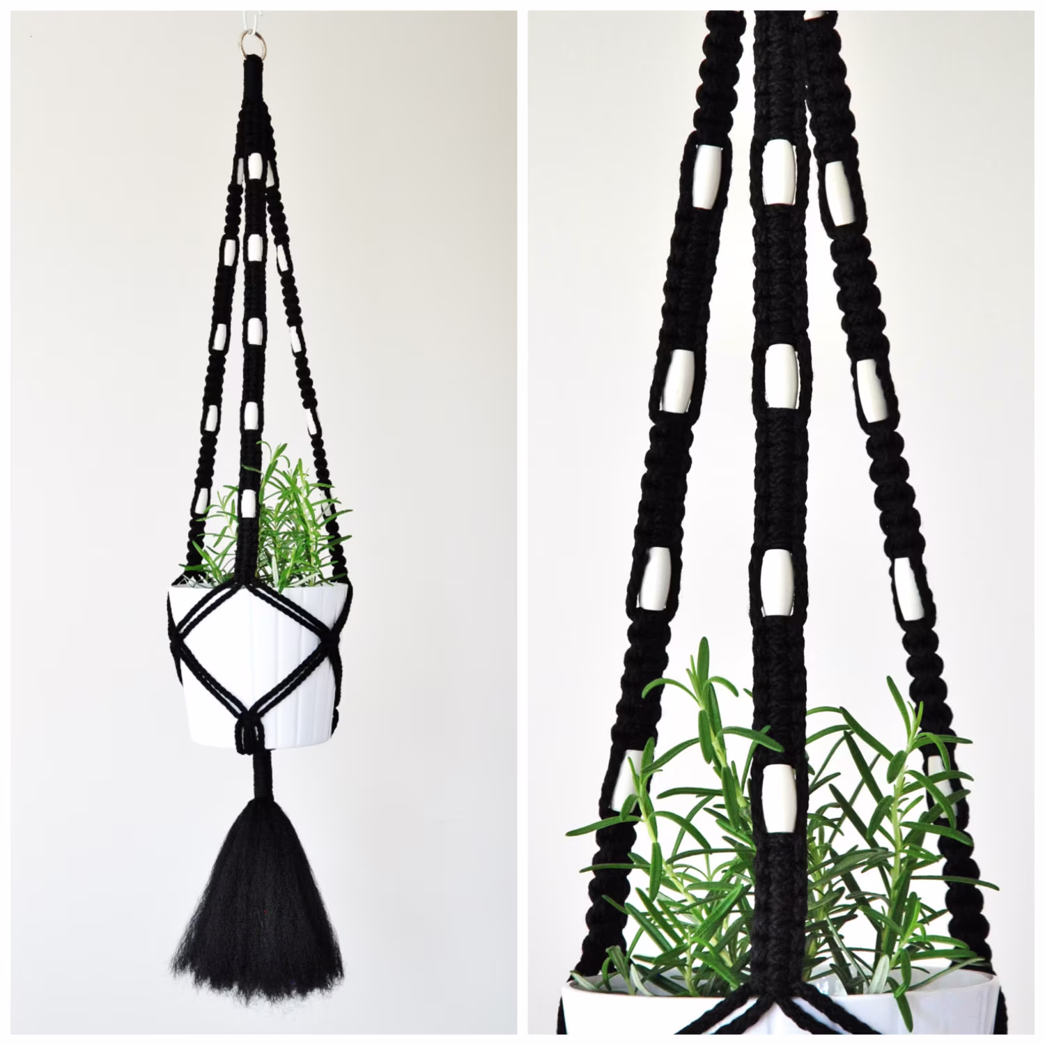 Macrame Plant Hanger || Black & White Beaded