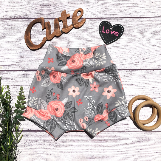 Organic, Flowers High Waisted Bummies, Shorties, Boho Baby Bloomers, Toddler Shorts, Diaper Cover, Gray With Floral